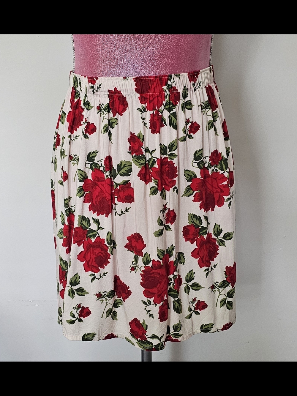 H&M Cream Midi Skirt with Red Rose Print